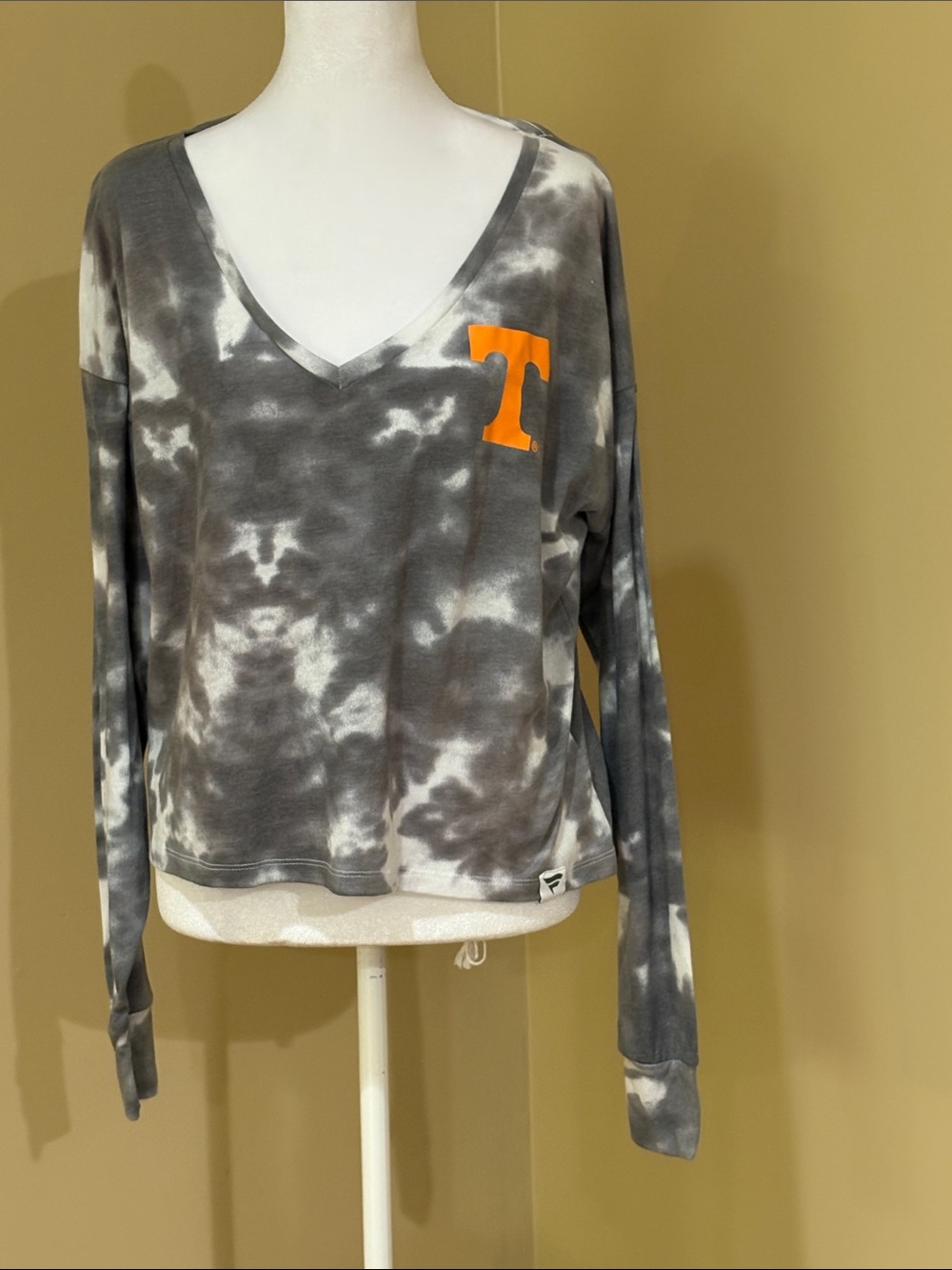 Fanatics Gray & White Tie-Dye V-Neck top with Orange 'T'